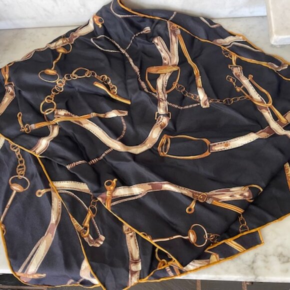 TALBOTS Vintage Silk Scarf Equestrian Print Oblong Black, Brown, Gold - Picture 3 of 14